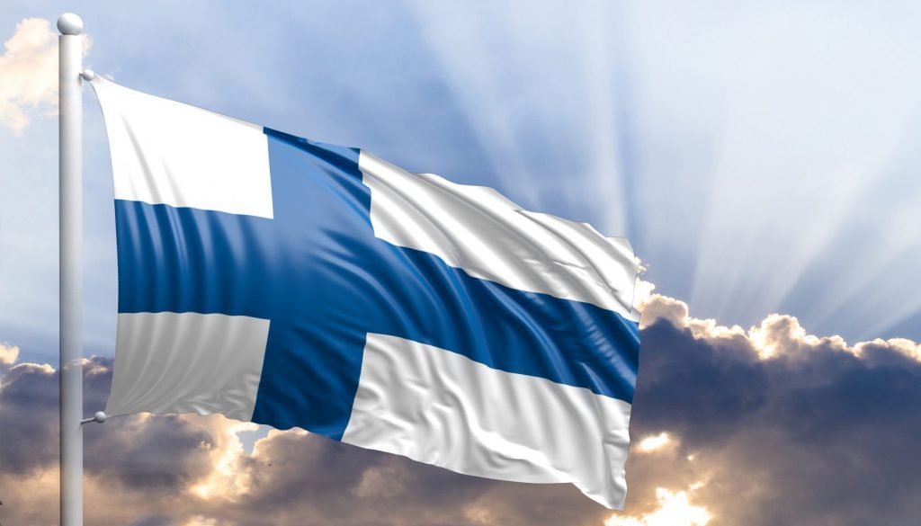 Finland flag on blue sky. 3d illustration