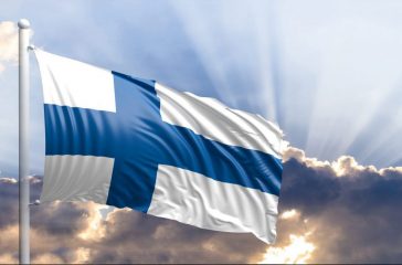 Finland flag on blue sky. 3d illustration