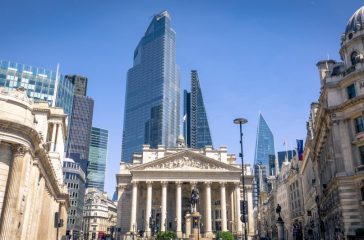 LONDON- City of London and Bank of England / Royal Exchange in the City of London.
