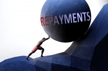 Repayments as a problem that makes life harder - symbolized by a person pushing weight with word Repayments to show that Repayments can be a burden that is hard to carry, 3d illustration