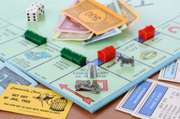 IRVINE, CA - May 19, 2014: Monopoly Board Game Closeup. The classic real estate trading game from Parker Brothers was first introduced to America in 1935.
