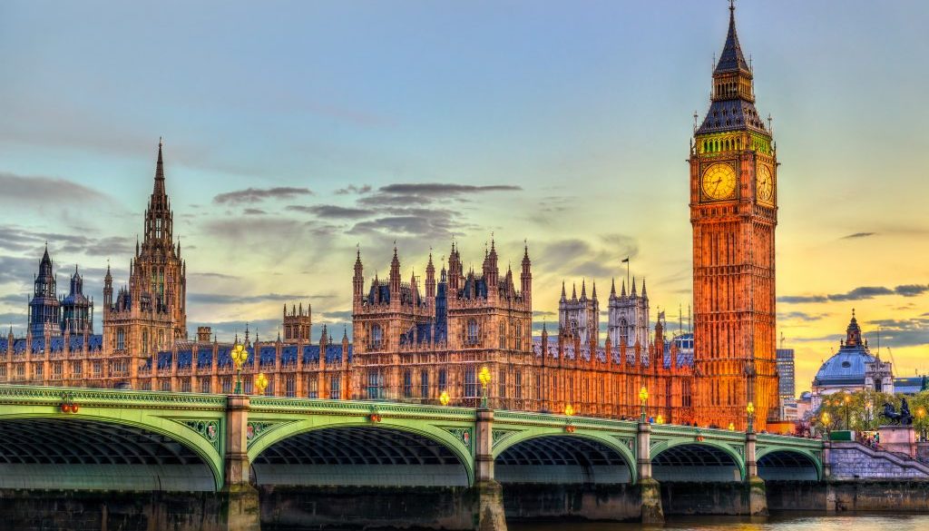 The Palace and the Bridge of Westminster in London at sunset - the United Kingdom