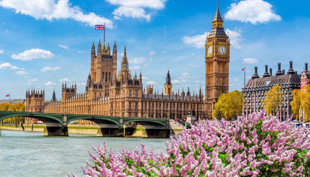 Big Ben tower and Houses of Parliament in spring, London, UK
