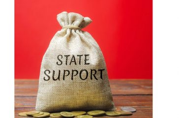 Money bag with the word State support and family. State pensions, benefits and guarantees of social protection. Cash payments. Social assistance to low-income families.