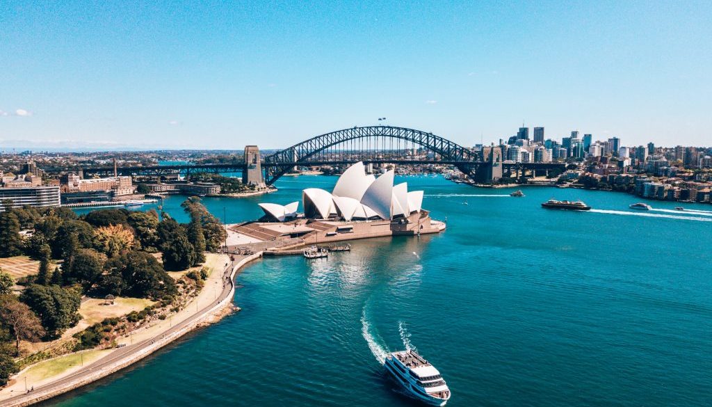 January 10, 2019. Sydney, Australia. Landscape aerial view of Sydney Opera house near Sydney business center around the harbour.