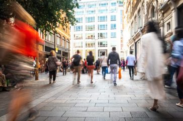 Motion blurred London shopping street