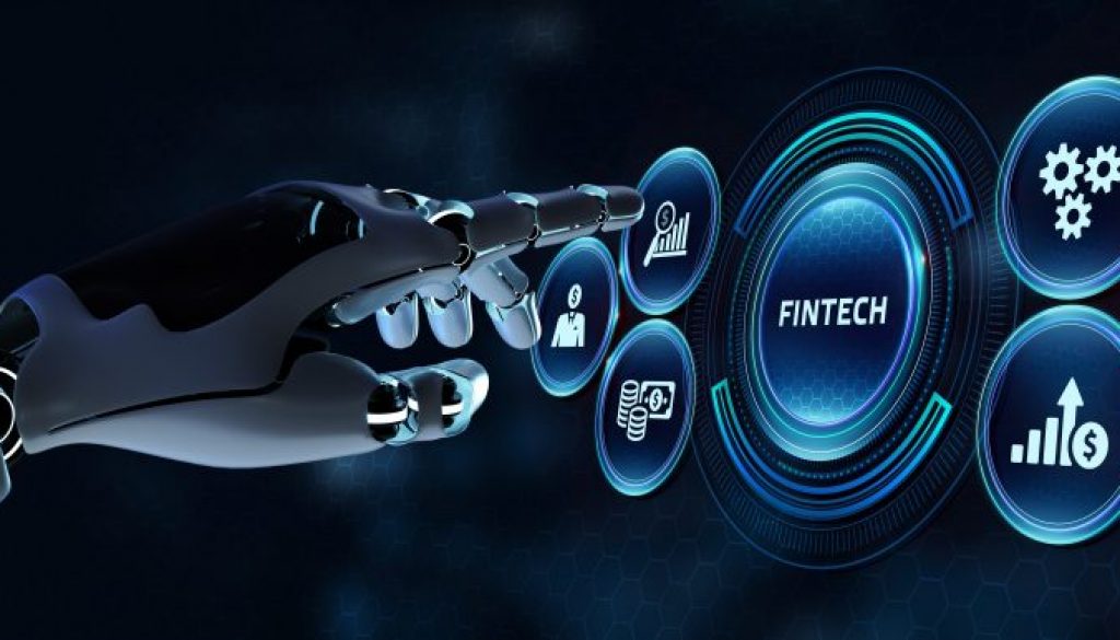 Fintech -financial technology concept. Robot pressing button on
