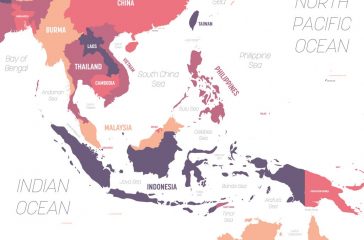 Southeast Asia map. High detailed political map of southeastern region with country, ocean and sea names labeling